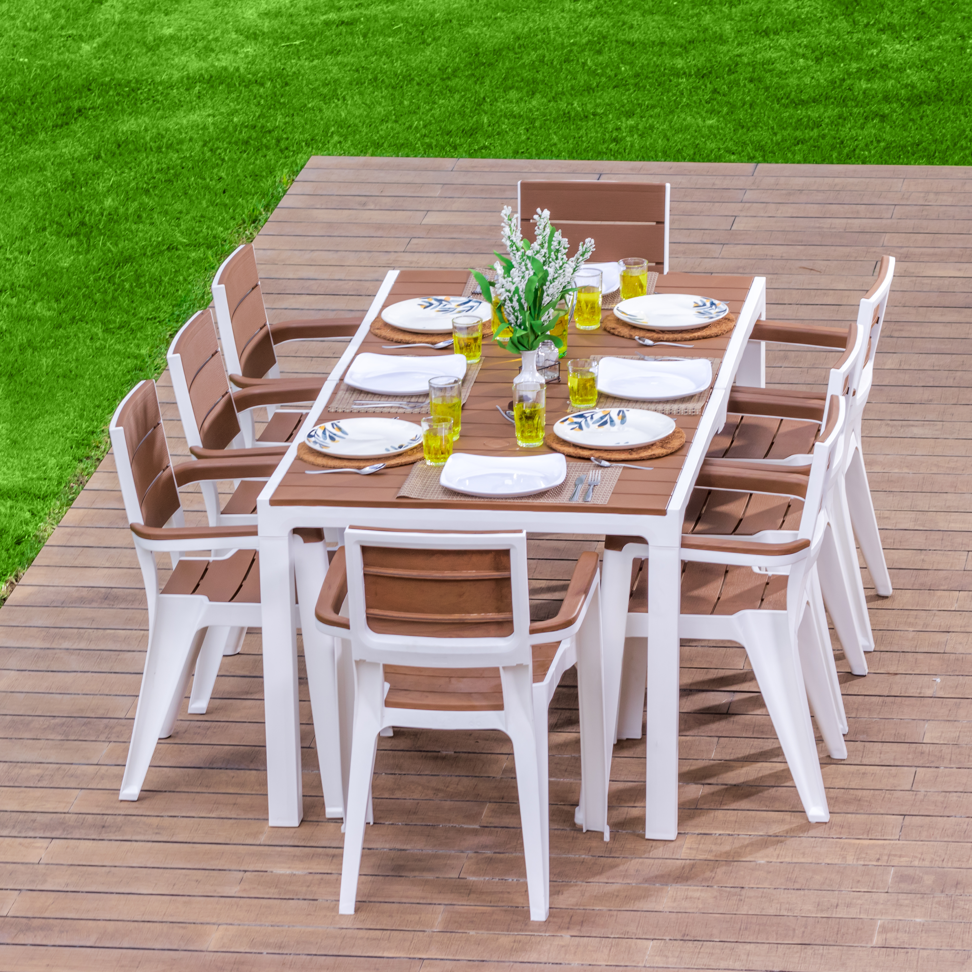 MQ Madeira Collection 8 Seat Table and 8 Chairs Set,  – White / Teak Brown