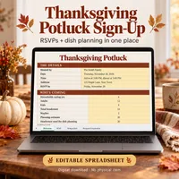 Thanksgiving Potluck Sign-Up | Editable Google Sheets Template with RSVP, Bring a Dish List and Recipes – Image 1