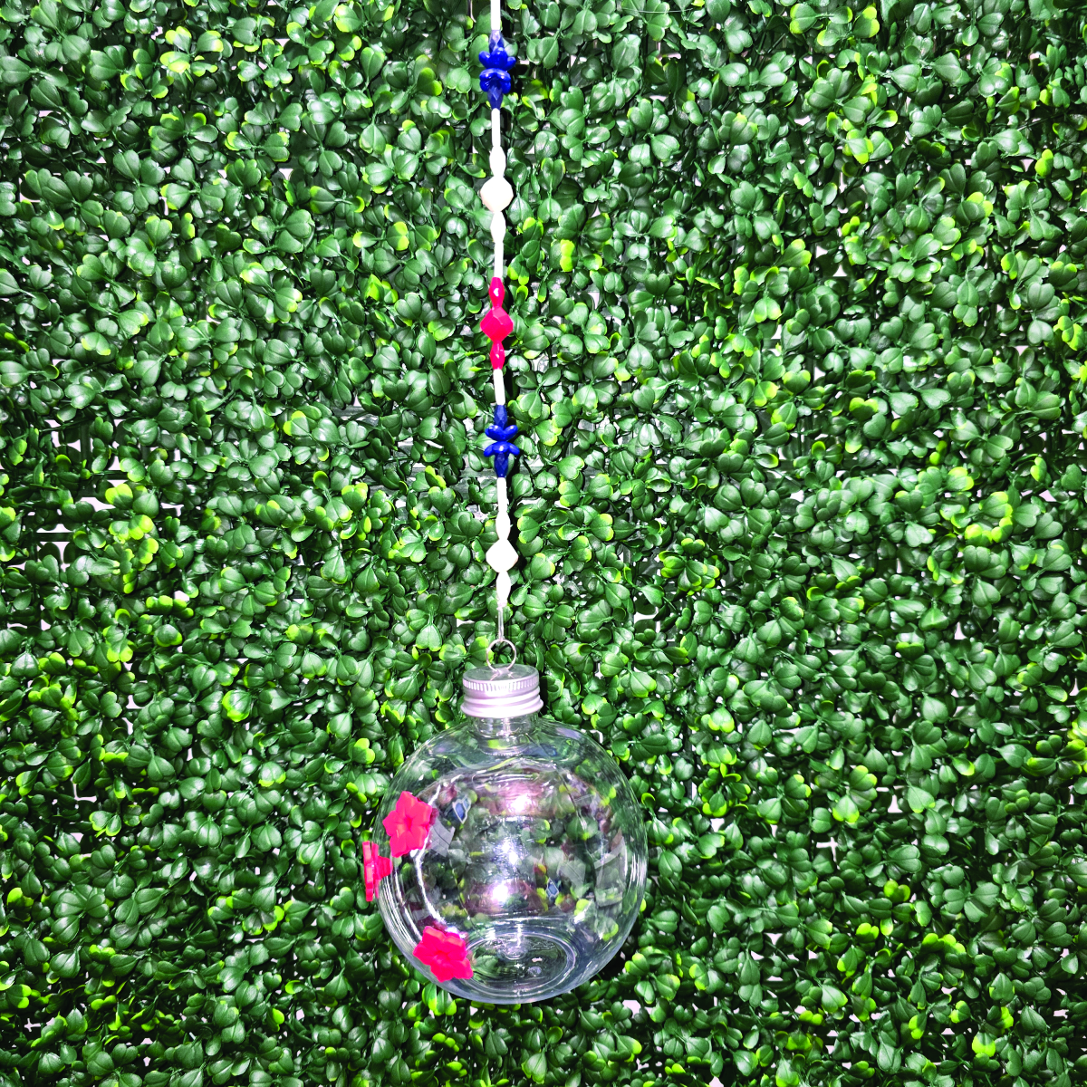 Handcrafted Clear Globe Hummingbird Feeder | Lightweight Hanging Garden Feeder with Red, White & Blue Beaded Hanger – Image 2