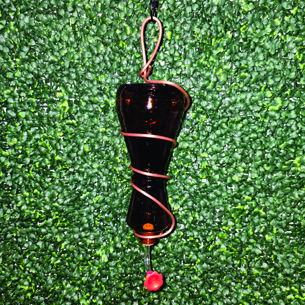 Handcrafted Vintage Glass Syrup Bottle Hummingbird Feeder | Copper Wire Wrapped Garden Feeder – Image 1