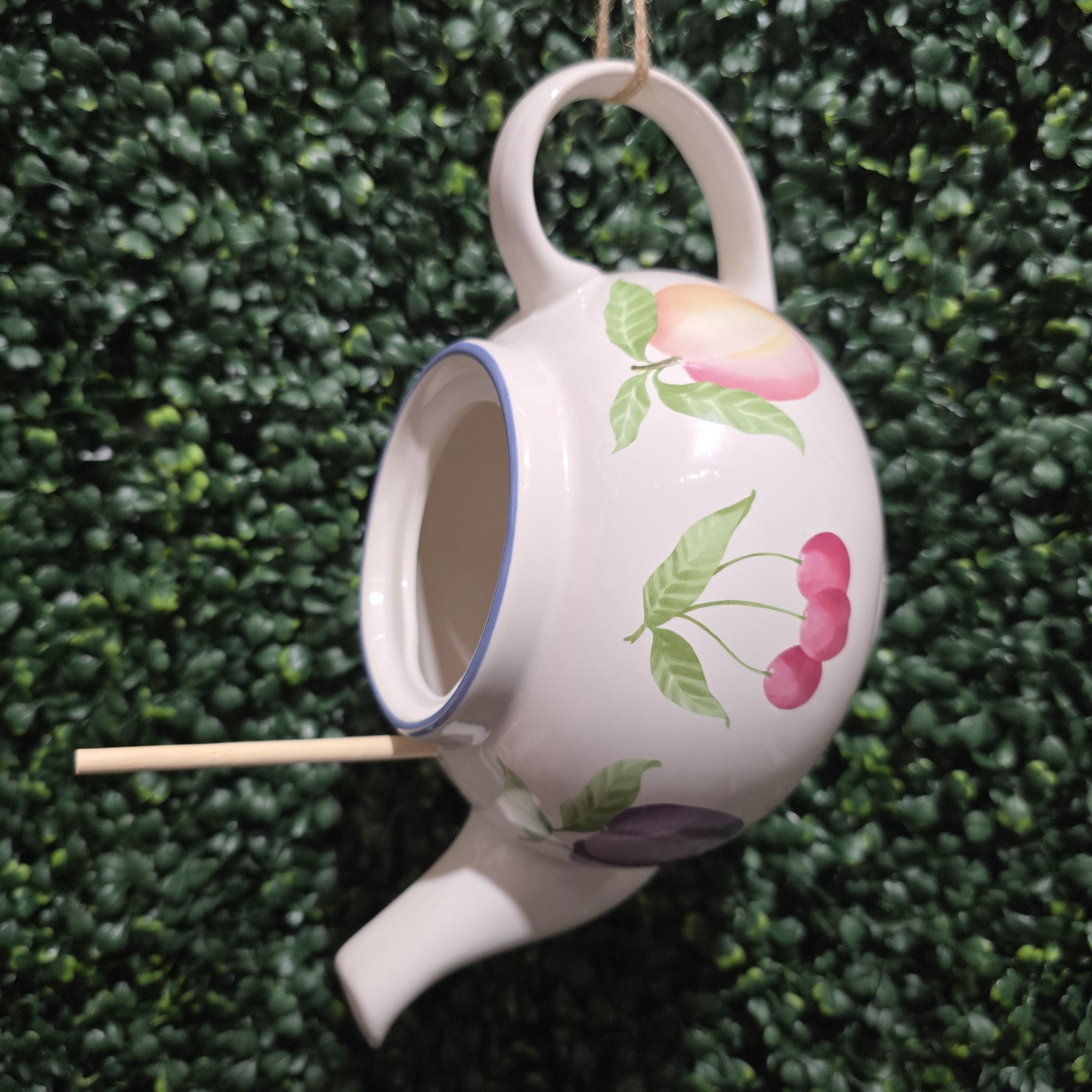 Pfaltzgraff Fruit Garden Teapot Birdhouse – Handcrafted Upcycled Garden Décor – Image 1