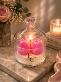 Luxury Floral Cloche Candle Collection – Elegant Decorative Scented Candles in Glass Dome – Rosé Bloom Cloche Candle