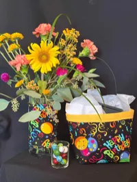 Happy Birthday Basket & Vase Wrap | Handmade Fabric Gift Set – Happy Birthday Basket, vase, vase wrap and flowers