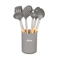 SET DE 6 UTENSILIOS DE NYLON GRIS C/MANGO MADERA – Image 1