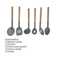 SET DE 6 UTENSILIOS DE NYLON GRIS C/MANGO MADERA – Image 2