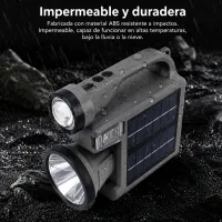 Linterna con foco doble, recarga por panel solar para camping y emergencias, power bank, batería externa – Imagen 1