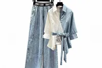 Two-Tone Shirt & Denim Wide Leg Pants Set – Image 3