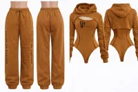 POR Sculpted Hooded Bodysuit & Velour Jogger Set – Small, Coffee Brown