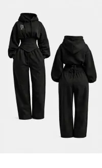 POR Corset Waist Hoodie Jumpsuit – Small, Black