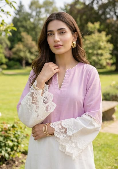 Lavender & White Ombre Lace Ensemble – 2-Piece Cotton Silk Tunic with Scalloped Tulip Pants – Image 2