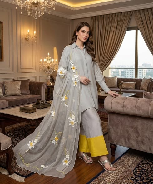 Dove Grey 3-Piece Silk Set with Canary Yellow Accents and 3D Floral Organza Dupatta – Image 1