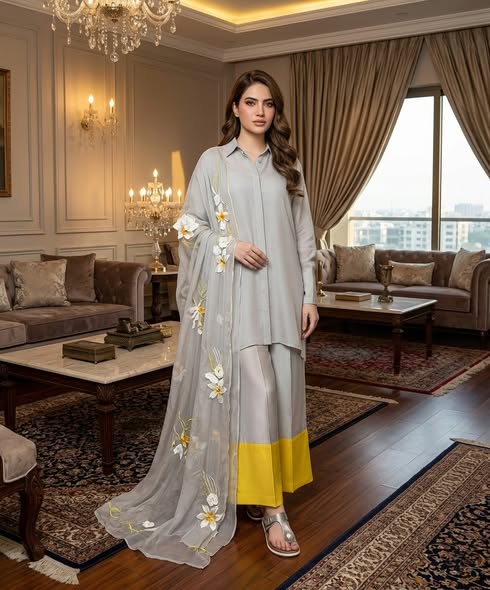 Dove Grey 3-Piece Silk Set with Canary Yellow Accents and 3D Floral Organza Dupatta – Image 2