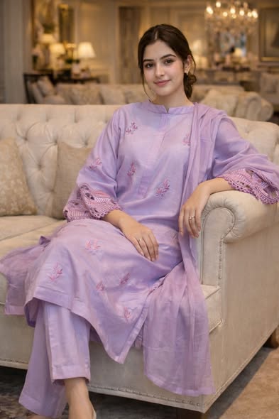 Lavender Mist Embroidered Cotton Silk Kurta Set with Intricate Cutwork Sleeves – 3-Piece Festive Suite – Image 3