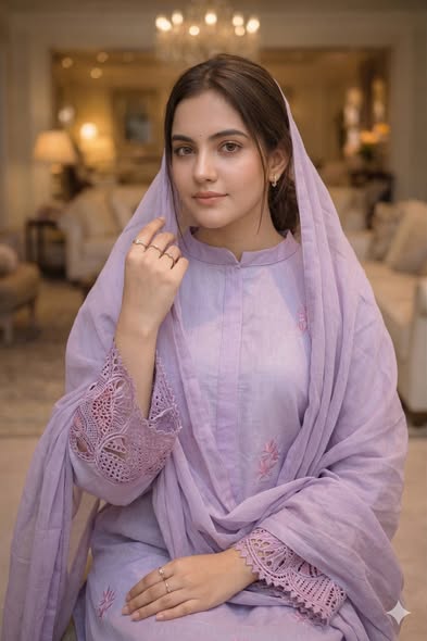 Lavender Mist Embroidered Cotton Silk Kurta Set with Intricate Cutwork Sleeves – 3-Piece Festive Suite – Image 2