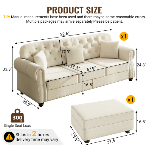 Sofa Clasico Elegante Beige + Ottoman 48 – Image 8