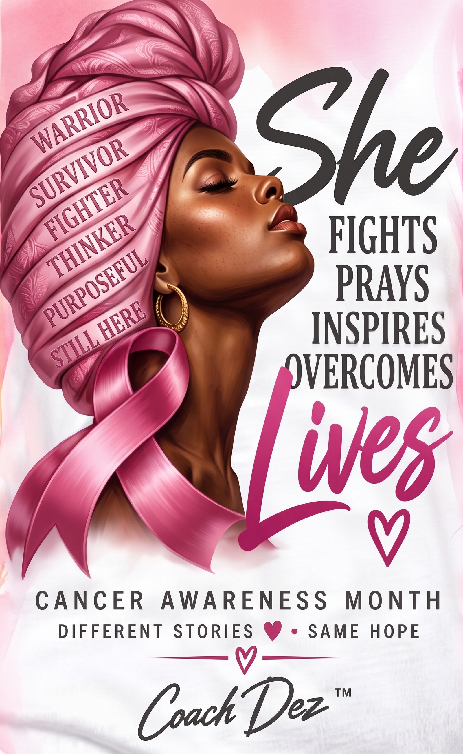 Dare2B Different Cancer Awareness Collection – S, Pink, V-Neck, She Fights. Prays. Inspires. Overcomes. Lives.