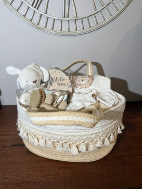 Gender Neutral Tassled Baby Gift Basket – Image 2