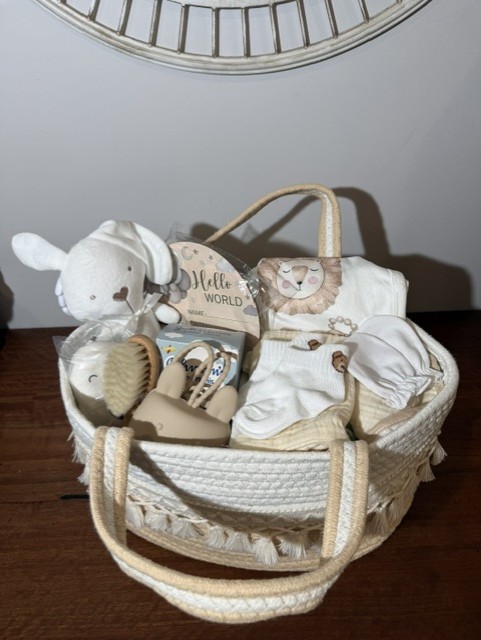 Gender Neutral Tassled Baby Gift Basket – Image 1