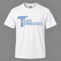 White Soft Style Tee – Blue Logo w/Orange Outline, YS