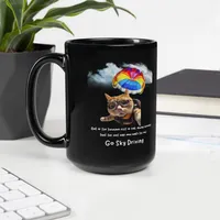 Black Glossy Mug: Sky Driving Cat – Image 1