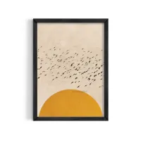 Cuadro Minimalista Sol Dorado y Bandada de Pájaros – 30x40cm, Café medio