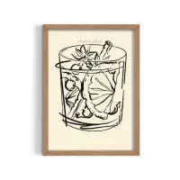 Cuadro Ilustración Coctel Old Fashioned – Estilo Line Art – 30x40cm, Café medio