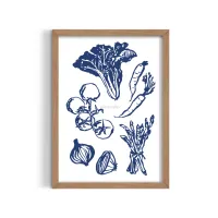Cuadro Vegetales Frescos – Estilo Ilustración Botánica Azul – Blanco mate, 30x40cm