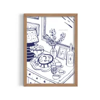 Cuadro Hogar Acogedor – Estilo Boceto Interior Azul – Blanco mate, 30x40cm