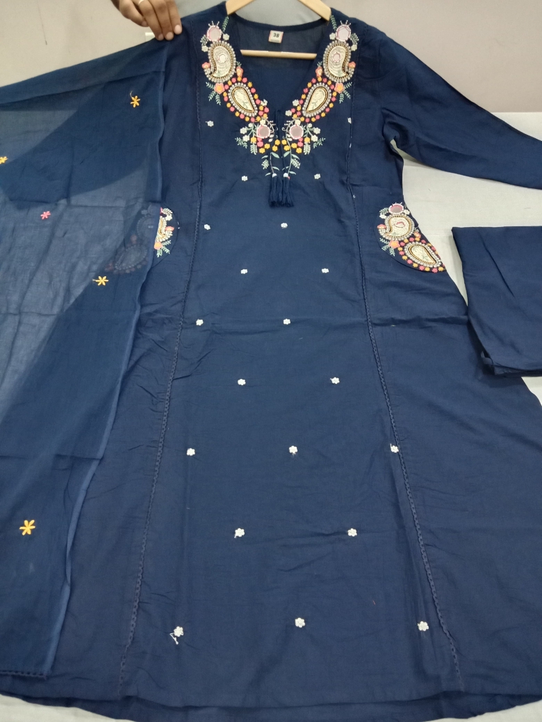 EMBROIDERED MIRROR-WORK MULMUL SUIT – BLUE, M-38