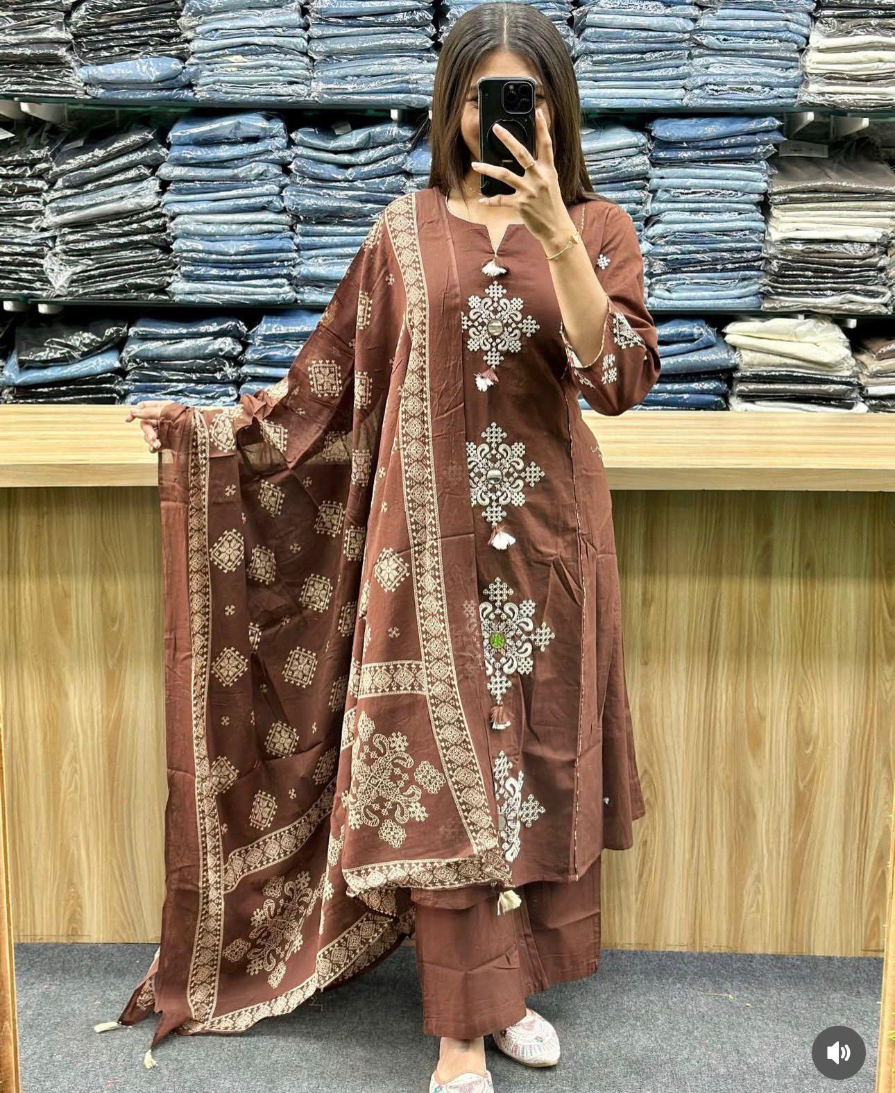 Brown Embroidered Cotton 3-Piece – M