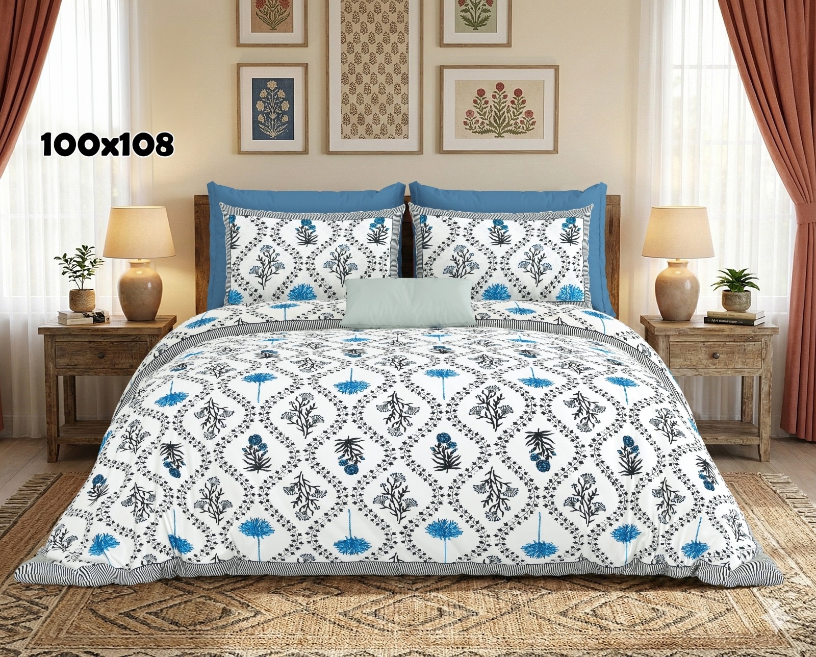 AUTHENTIC SANGANERI BLOCK PRINT BED SHEET F – BLUE