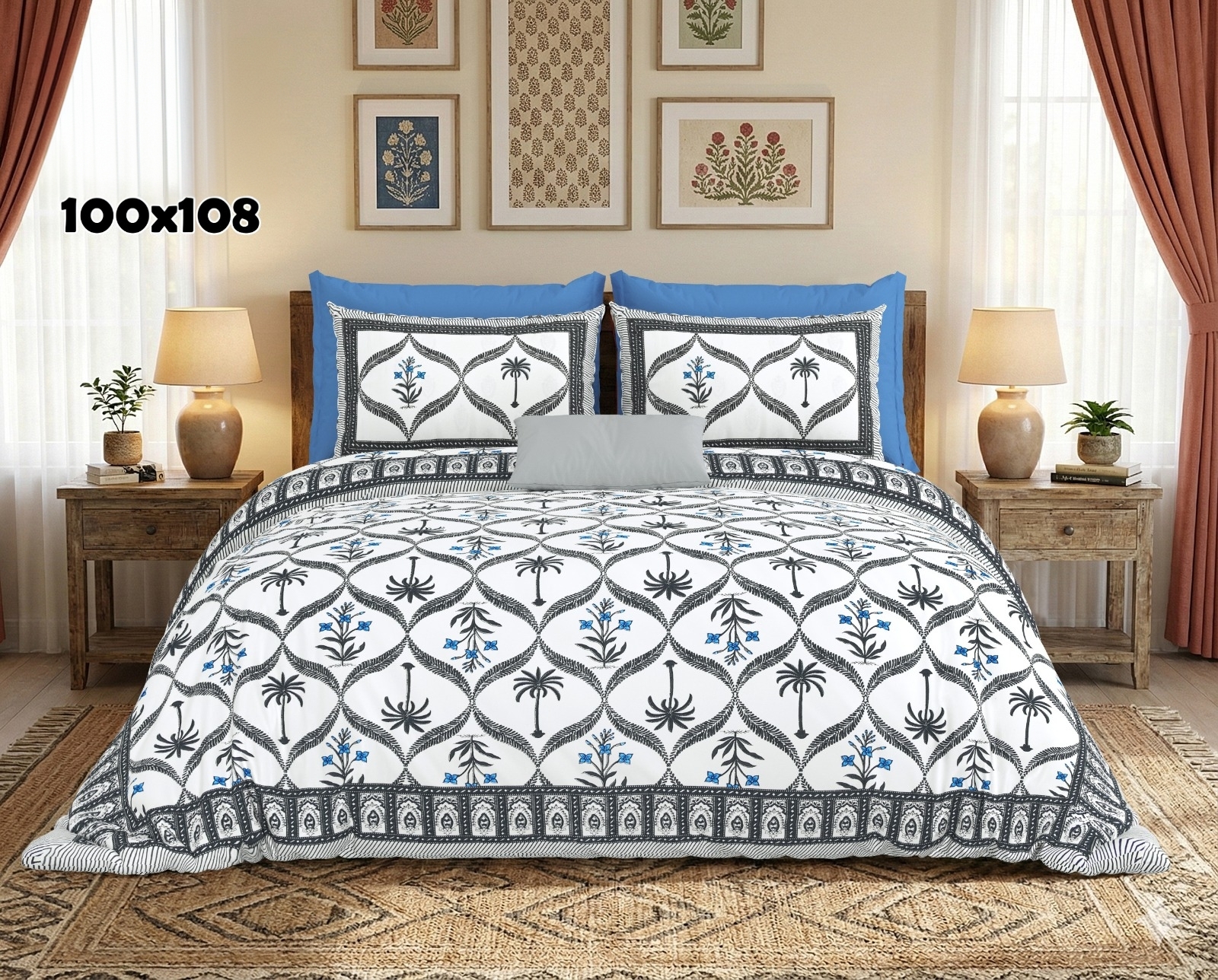 AUTHENTIC SANGANERI BLOCK PRINT BED SHEET E – GREY