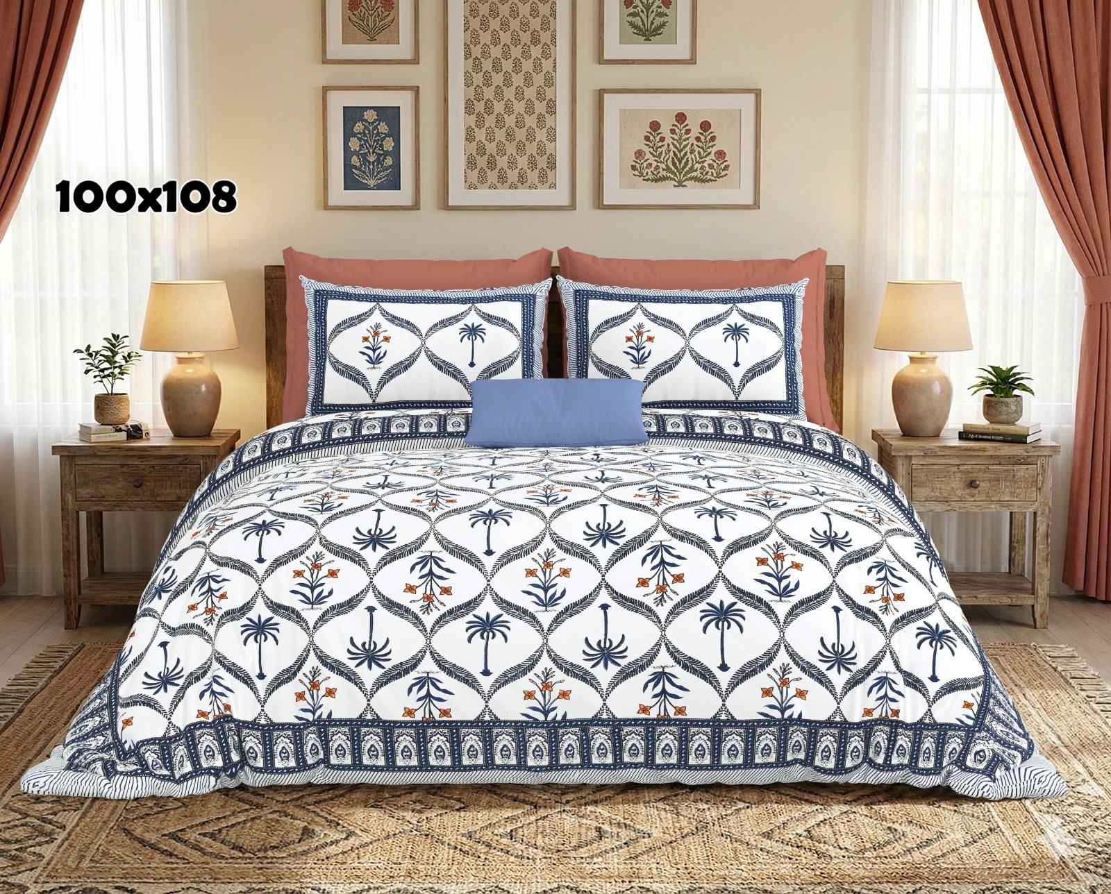 AUTHENTIC SANGANERI BLOCK PRINT BED SHEET E – BLUE