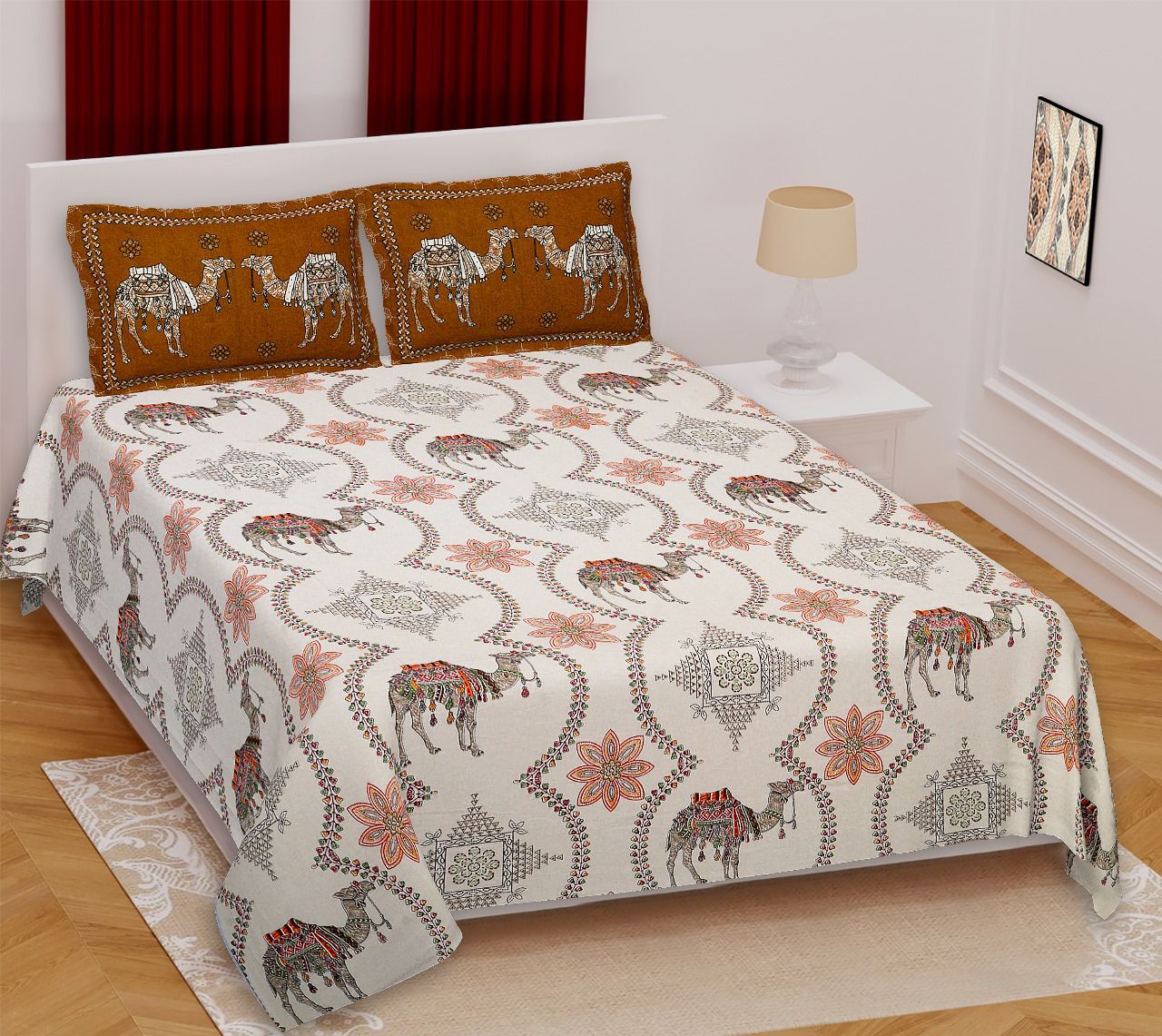 PURE COTTON BARMERI PRINT BEDSHEET A – KHAKI