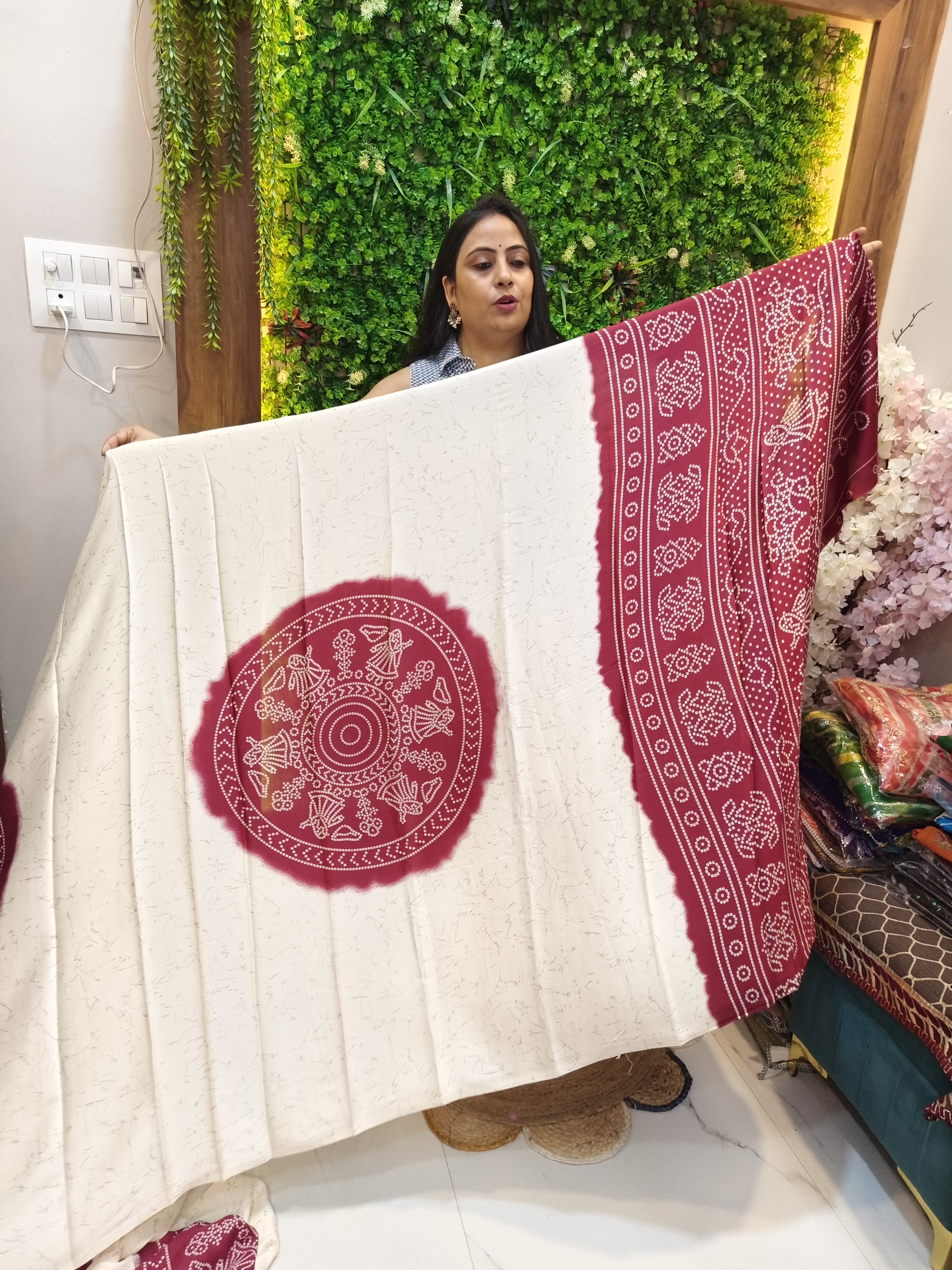 EXQUISITE CHAKRA BANDHEJ ITALIAN CREPE SAREE – MAROON