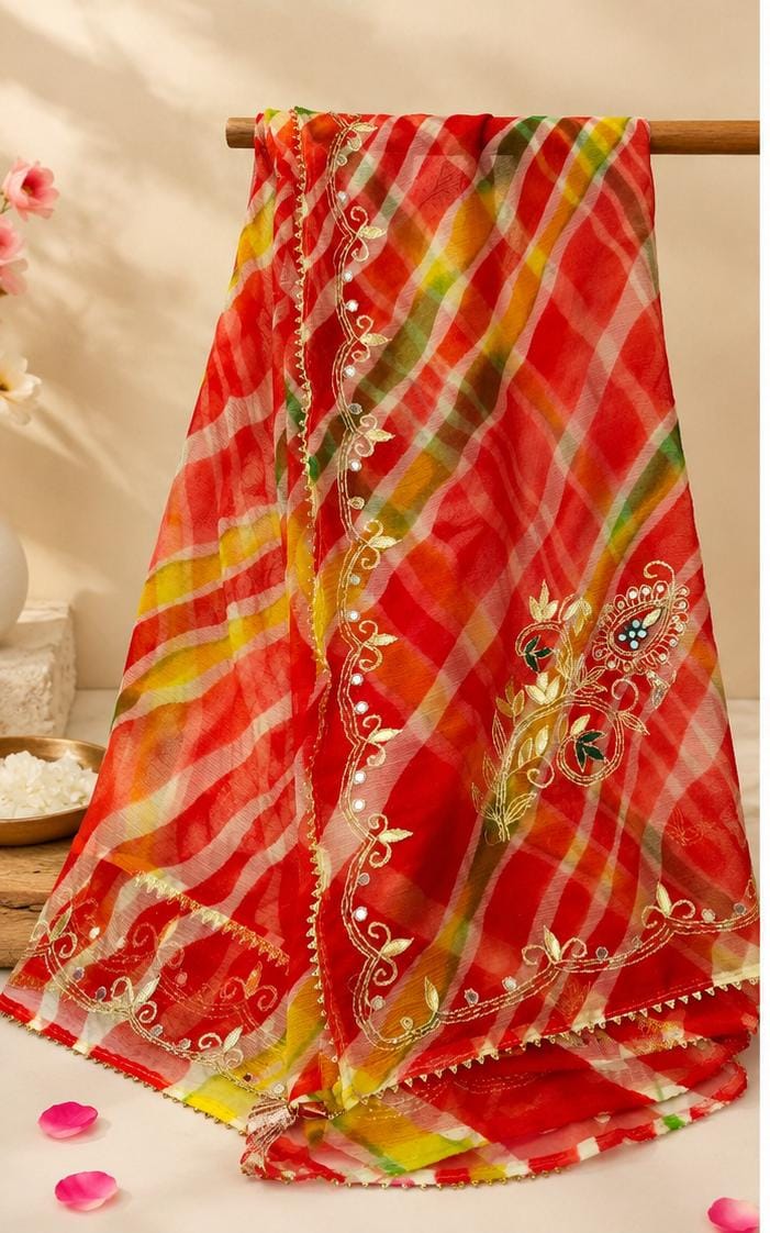 DUAL-TONE GEORGETTE LAHARIYA SAREE WITH PITTAN WORK – RED