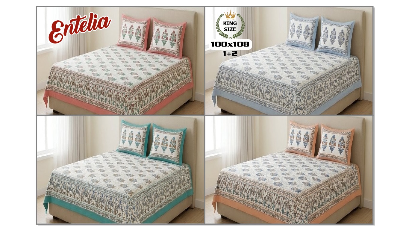  ENTELIA ELITE CLASS PURE COTTON BLOCK PRINT KING SIZE BEDSHEET SET – Image 1