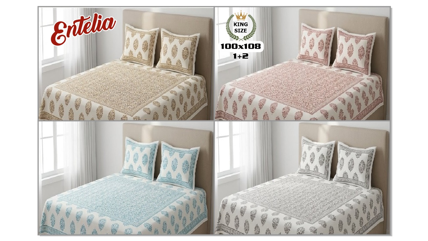 ENTELIA ELITE CLASS PURE COTTON BLOCK PRINT KING SIZE BEDSHEET SET – Image 1