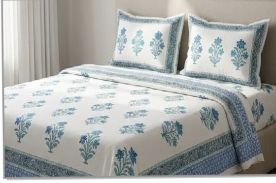 ENTELIA ELITE CLASS PURE COTTON BLOCK PRINT KING SIZE BEDSHEET SET – SEA GREEN