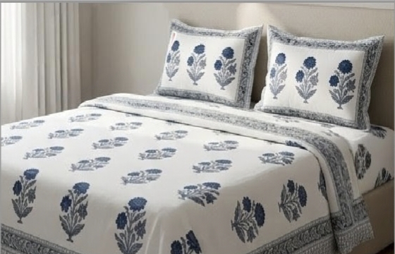 ENTELIA ELITE CLASS PURE COTTON BLOCK PRINT KING SIZE BEDSHEET SET – ROYL BLUE