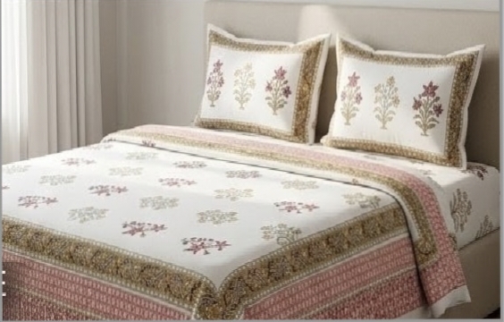 ENTELIA ELITE CLASS PURE COTTON BLOCK PRINT KING SIZE BEDSHEET SET – PEACH