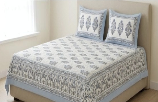 ENTELIA ELITE CLASS PURE COTTON BLOCK PRINT KING SIZE BEDSHEET SET – POWDER BLUE