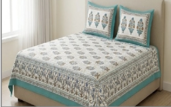  ENTELIA ELITE CLASS PURE COTTON BLOCK PRINT KING SIZE BEDSHEET SET – TEAL GREEN