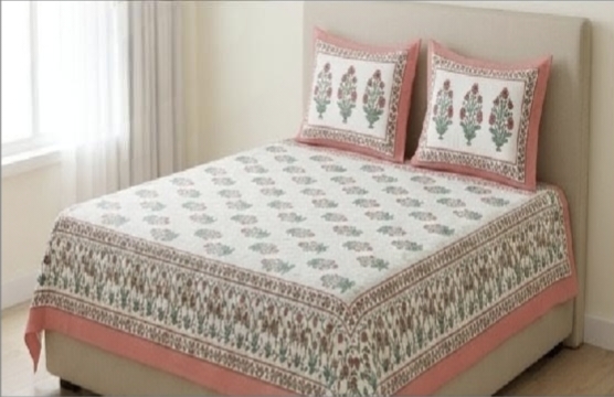  ENTELIA ELITE CLASS PURE COTTON BLOCK PRINT KING SIZE BEDSHEET SET – PASTEL PEACH