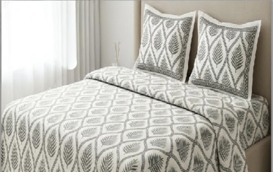  ENTELIA ELITE CLASS PURE COTTON BLOCK PRINT KING SIZE BEDSHEET SET – GREY