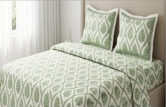  ENTELIA ELITE CLASS PURE COTTON BLOCK PRINT KING SIZE BEDSHEET SET – SAGE GREEN
