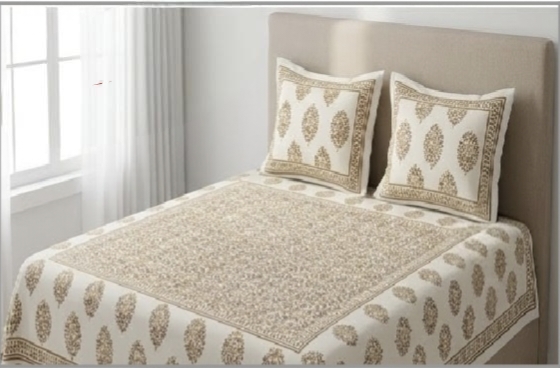 ENTELIA ELITE CLASS PURE COTTON BLOCK PRINT KING SIZE BEDSHEET SET – BEIGE