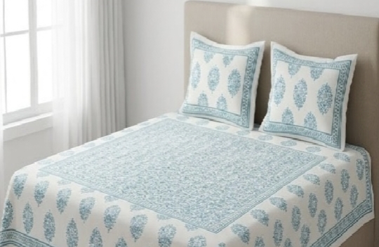 ENTELIA ELITE CLASS PURE COTTON BLOCK PRINT KING SIZE BEDSHEET SET – TURQUOISE BLUE