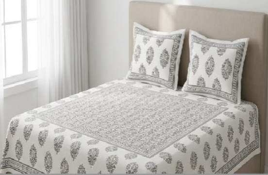 ENTELIA ELITE CLASS PURE COTTON BLOCK PRINT KING SIZE BEDSHEET SET – GREY