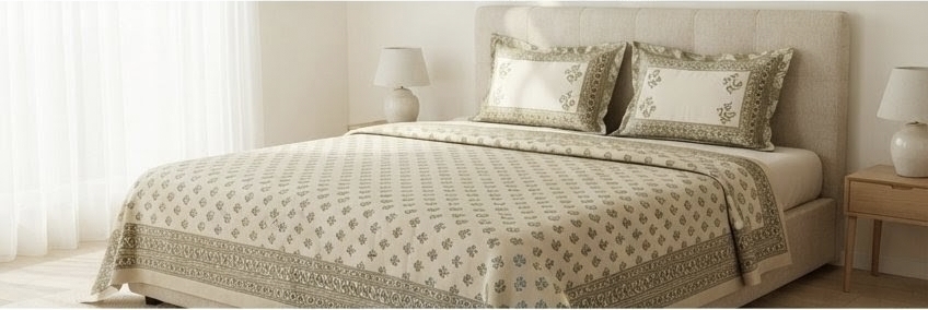  ELITE CLASS PURE COTTON BLOCK PRINT KING SIZE BEDSHEET SET – OLIVE GREEN